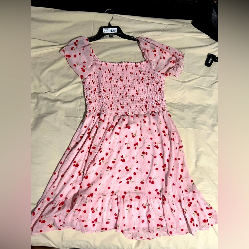 NEVER WORN OUT - Pink Cherry Patterned Dress (L/XL) NWOT